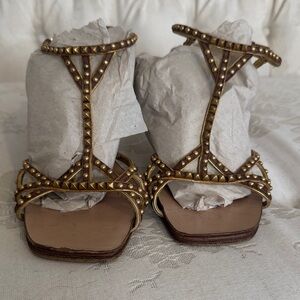 Prada Brown Leather Strappy Heeled Sandals w/ Gold Studs & Ankle Straps
